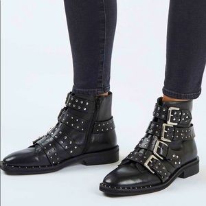 Topshop Black Leather Studded Buckle Boots